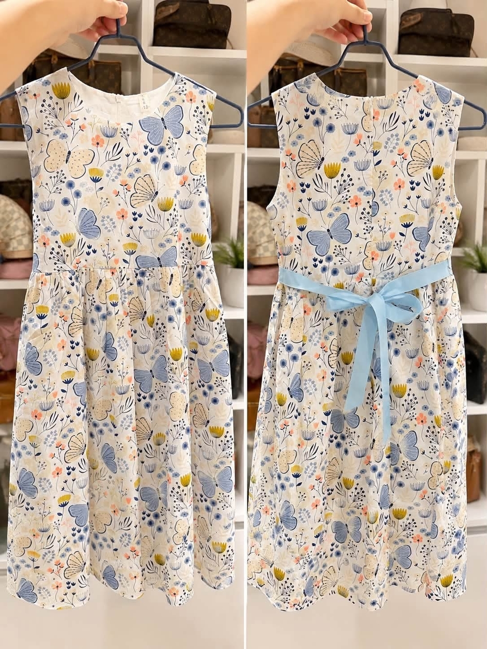 Girls Floral Butterfly Sundress with Blue Sash